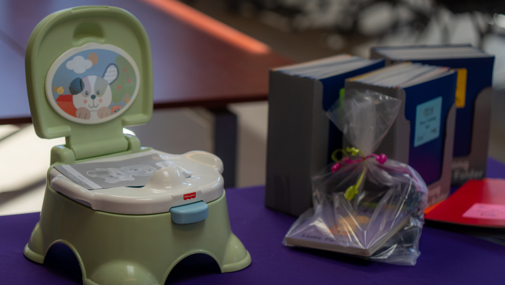 On top of a table with purple tablecloth is a 3-in-1 children's potty, books, and folders with informational resources. 