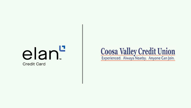 Two logos appear on a green background. On the left, Elan Credit Card and on the right, Coosa Valley Credit Union.