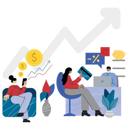 illustration with elan logo, two women with graphs