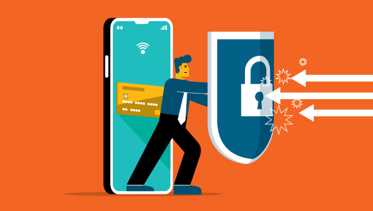 On an orange background an illustration shows a person standing in front of a phone with a credit card on its screen holding a shield. 