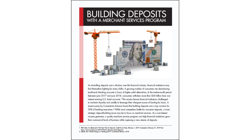 A one hundred dollar bill is pictured to be made of blocks. On either side are cranes lifing blocks from the structure. Text at the top reads "Building Deposits with a Merchant Services Program."