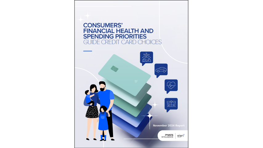 An illustrated cover of the report. A family of two adults and two children stand to the left. On the right is a stack of  five credit cards that fade from green to blue top to bottom.  To the left of the credi tcards are speech bubbles with icons like a plane, car, house, and heart 